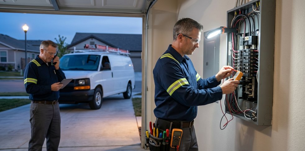 Electrician testing a home's electrical panel during an emergency service call with van parked in driveway