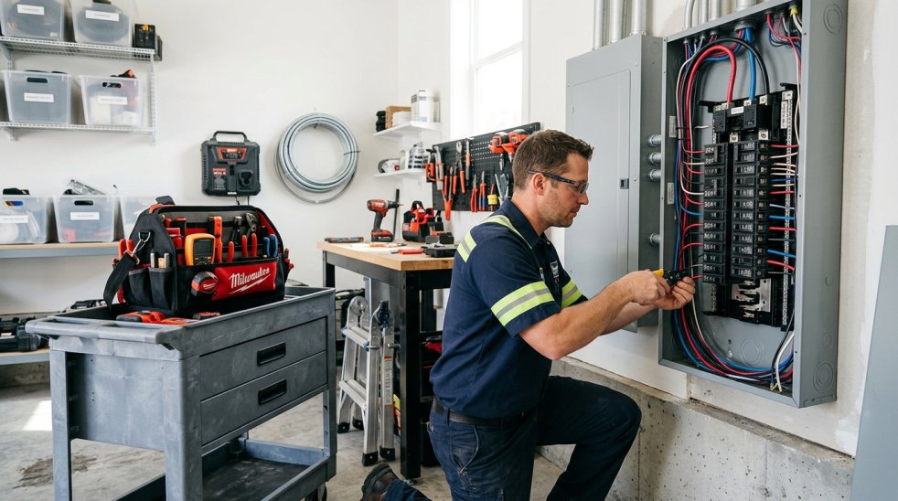 Electrician repairing a residential electrical panel in a clean workshop with tools and wiring supplies
